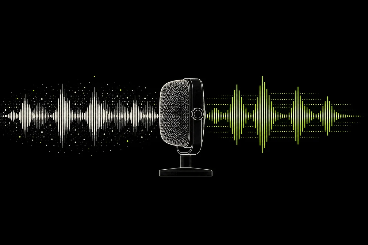 A microphone receiving a clear voice waveform while background noise recedes