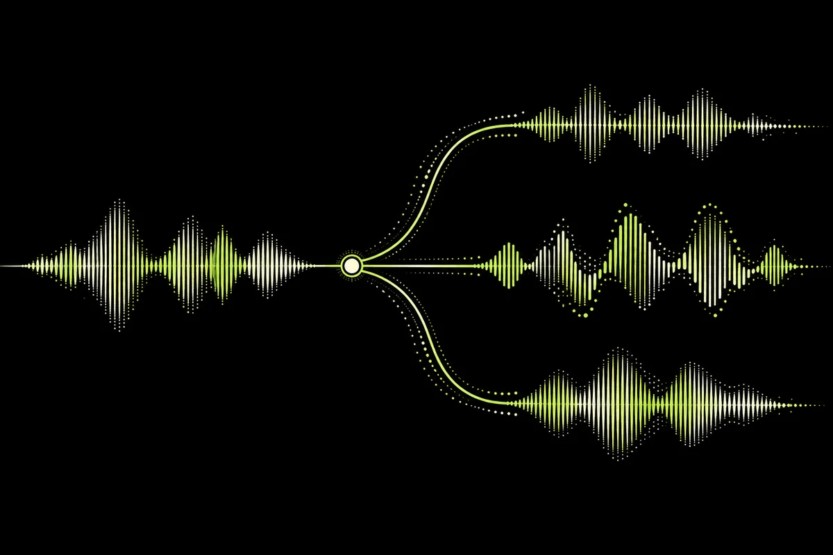 One voice signal branching into different sound profiles for work, gaming and creating